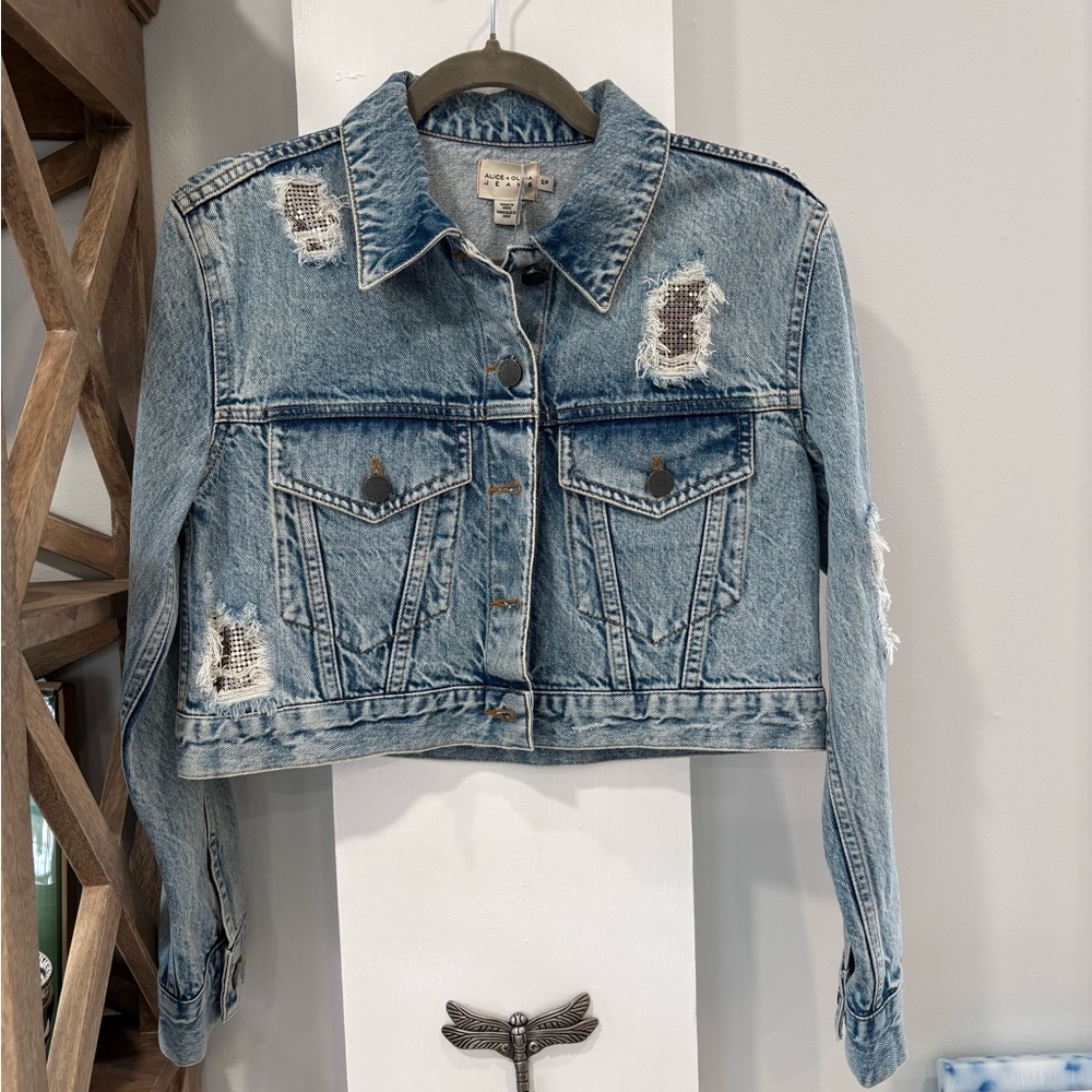 Alice + Olivia Light Blue Distressed with Sequins Cropped Denim Jacket